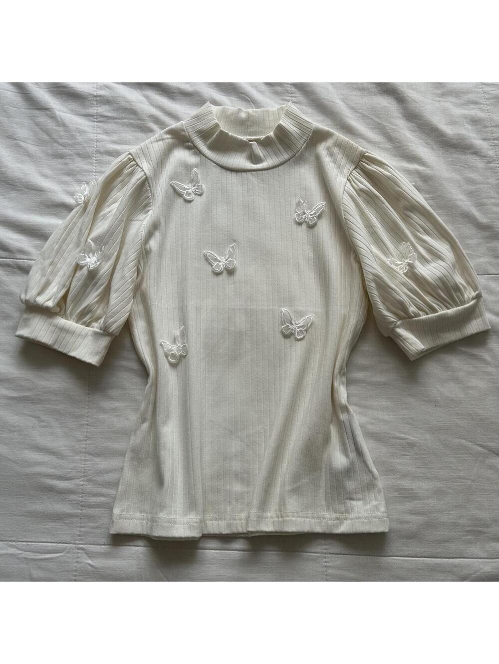 Japanese Brand Ivory Ribbed Knit Butterfly Applique Puff Sleeve Top Medium